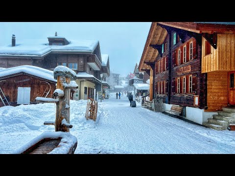 Heavy snowfall in the mountain village of Mürren, Switzerland 4K - a real Fairytale village