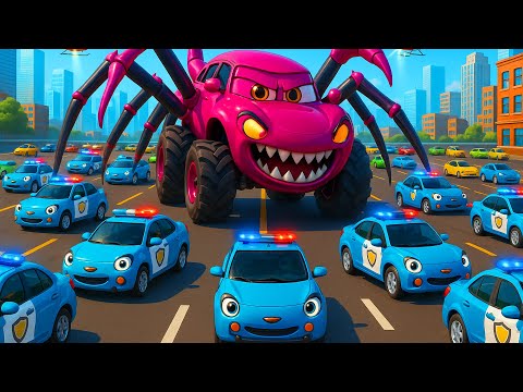 Police Cars vs Giant Spider Car 😱| Police Cars Rescue Cartoon Adventure