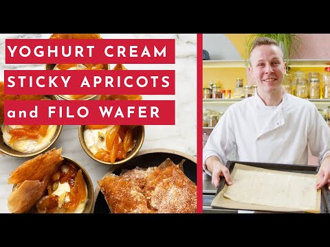 Yoghurt cream with sticky apricots and filo wafer | Ottolenghi 20