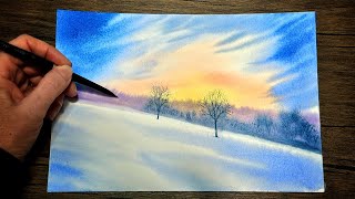 How to EASILY Paint a Winter Sunset Scene With Watercolors (For Beginners)