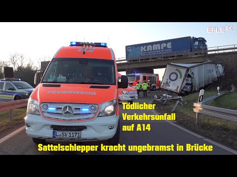 LKW kracht ungebremst in Brücke/Fahrer stirbt im Wrack auf A14 AS Leipzig-Kleinpösna [02.12.2020]
