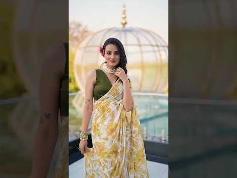 Sky Blue Floral Print Weightless Marble Saree with Pearl Lace Border & Moonga Silk Blouse