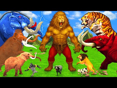 3 Giant Indian Elephant Vs Angry Elephant Vs 5 Giant Lion Tiger Chase Cow Saved Mammoth Narsimha