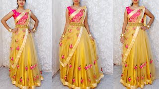 NET SAREE DRAPING IN BEAUTIFUL LEHENGA STYLE|NO CUTTING NO STITCHING|LEHENGA SAREE DRAPING TUTORIAL