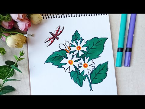 Night-flowering Jasmine drawing for beginners | Harsingar flower drawing easy step by step