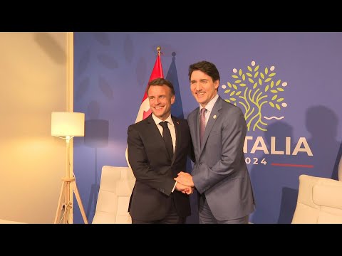 French President Emmanuel Macron meets Canadian PM Justin Trudeau during G7 summit | AFP