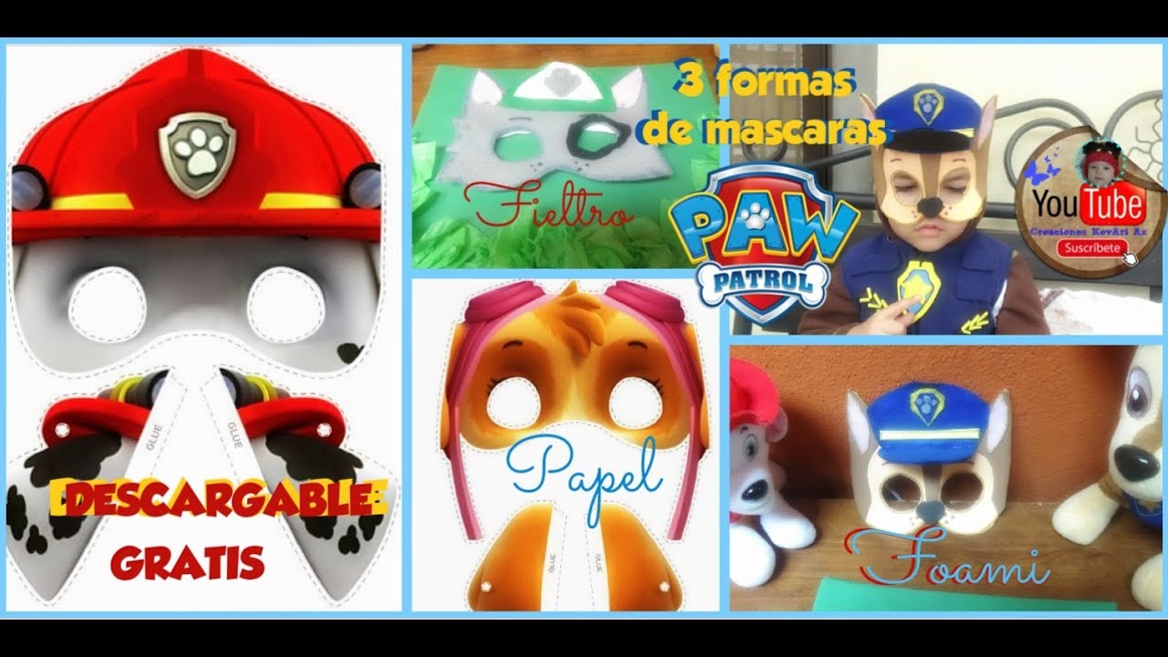 Mascaras de Paw Patrol 🐾🐶 Chase🐾 Rocky 🐾 Marshall🐾 Skye en papel, foami,fieltro MOLDES GRATIS