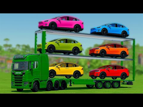 LOAD AND TRANSPORT TESLA CARS WITH SCANIA TRUCK - Farming Simulator 22