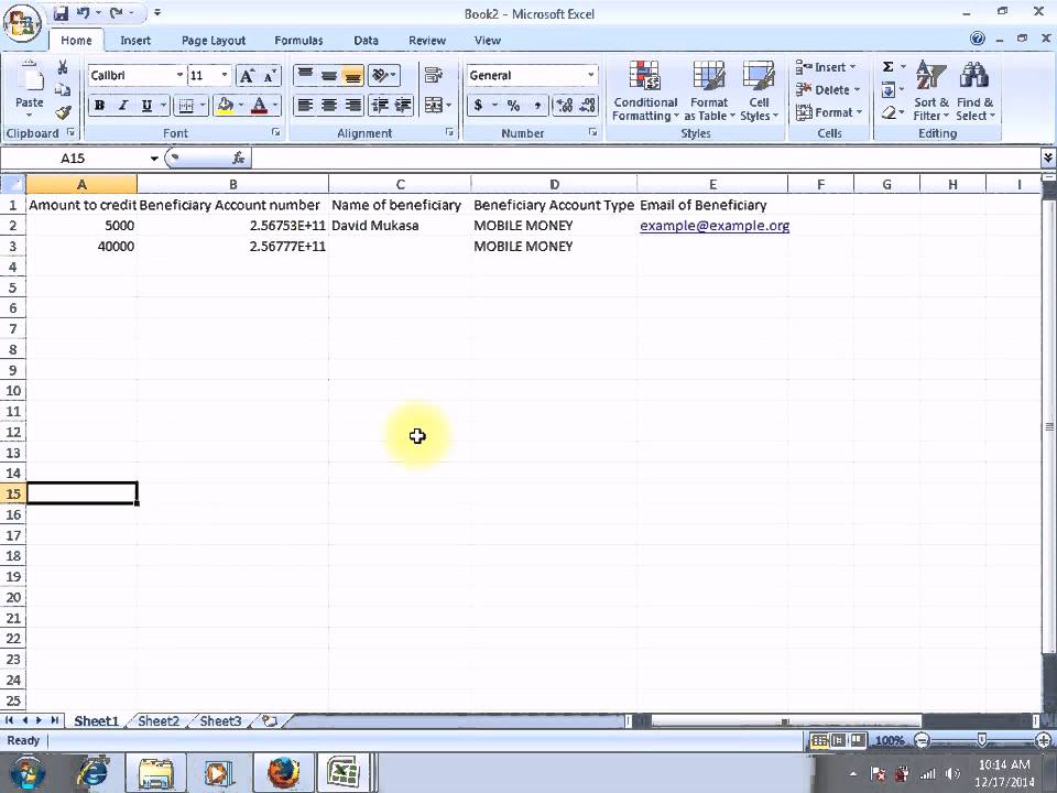 Creating a beneficiary list file for YO payments in Excel