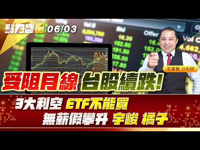 受阻月線，台股續跌! 3大利空 ETF不能買，無薪假攀升，#宇峻 #橘子《點石盛金》石富景