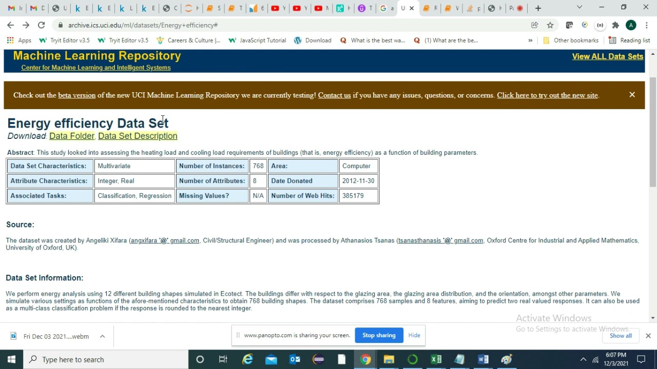 Energy efficiency data set evaluation