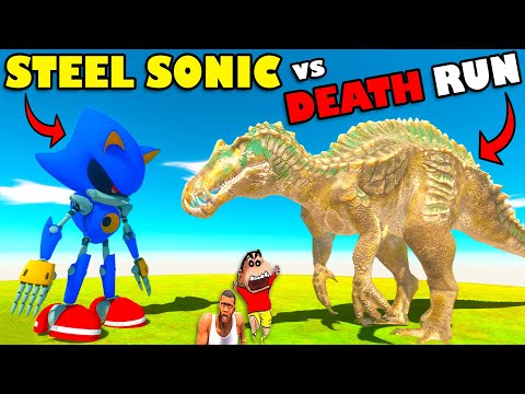 STEEL SONIC vs HUGE DINOSAURS DEATH RUN SHINCHAN and CHOP in ANIMAL REVOLT BATTLE SIMULATOR