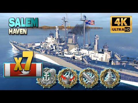 Cruiser Salem on map Haven, 7 ships destroyed - World of Warships
