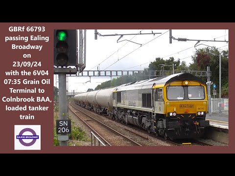 GBRf 66793 passing Ealing Broadway on 23/09/24:- 6V04 07:35 Grain Oil Terminal to Colnbrook BAA