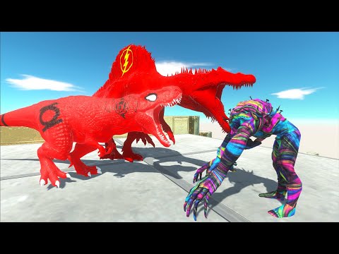 RED LANTERN T-REX VS FLASH SPINOSAURUS SPEED FALL RACE - Animal Revolt Battle Simulator