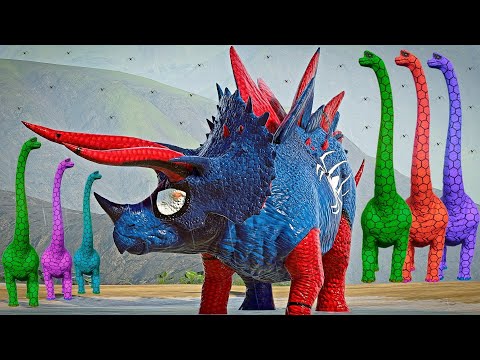 Spiderman Stegoceratops VS I-Rex  vs Color Pack Brachiosaurus & T-Rex Jurassic World Dinosaurs Fight