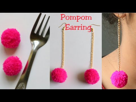 DIY/Pom pom earrings/Pom pom dangle earring/Making pompom with chain earring/Pom pom/Pink color Video