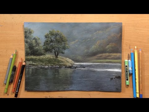 Morning on the Riverbank - Landscape Drawing in Pastel and Colored Pencil