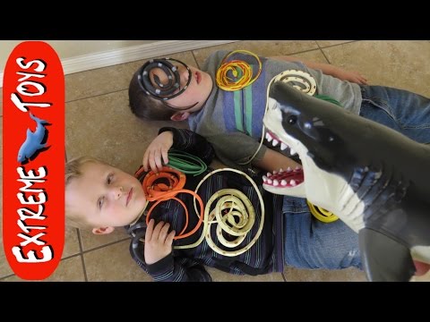 Snakes in a Box! Toy Megalodon Shark Helps Boys Fight Toy Snakes. Video