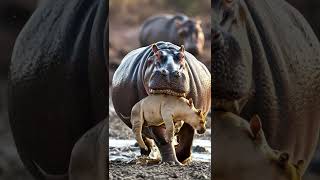 A hippo protects a human baby from being eaten by a lion
