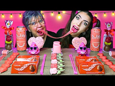ASMR *RED + PINK* Candy Hearts Race, Chocolate Roses, Unicorn Pudding, Sugar Straws MUKBANG 먹방