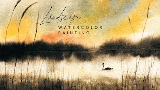 Sunset in winter watercolor | Minimal Lake & Reeds