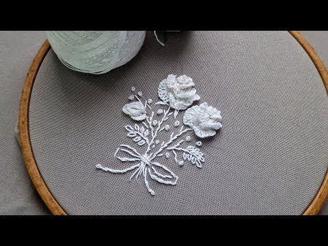 3D White Roses Cast on Stitch - White Embroidery