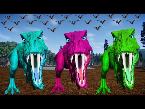 Team Rexy Color Pack vs Spinosaurus, Allosaurus, I-Rex Jurassic World Evolution Dinosaurs Fighting