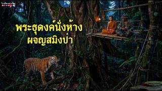The ascetic monk sat in a tree stand, confronting a tiger in the forest.