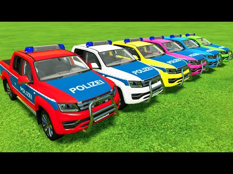 TRANSPORTING VOLKSWAGEN POLICE CARS WITH ISUZU COLORED TRUCKS - Farming Simulator 22