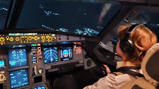 Female Pilot Flying Big Airplane | Cockpit View | Night Landing
