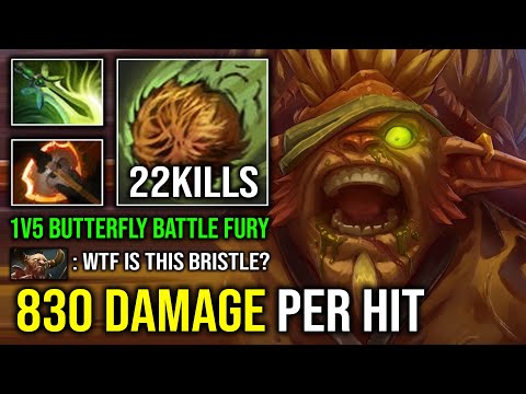 WTF 830 DAMAGE PER HIT 1v5 Right Click First Item Battlefury + Butterfly Carry Bristleback Dota 2