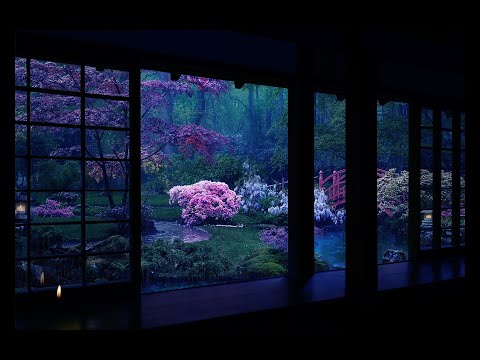 Rain On Japanese Zen Garden At Night 10 HrsㅣFor Sleep, Study, Relaxation | Calmbience Rain Sounds
