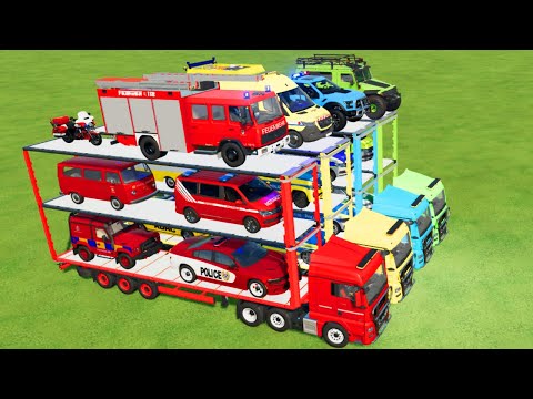 LOAD & TRANSPORT AMBULANCE, POLICE CARS, FIRE TRUCK, JEEP, MOTORBIKE, PICKUP -Farming Simulator 22