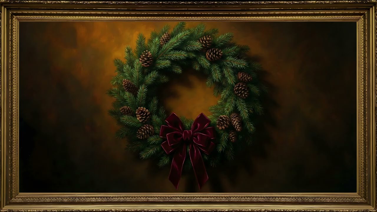 Old Money Christmas Wreath Pine Cones Gold Frame TV Art | 2 Hours 4K — 4K ambient art screensaver in baroque gold frame