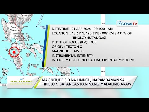 Balitang Southern Tagalog: Magnitude 3.0 na lindol, naramdaman sa Tingloy, Batangas