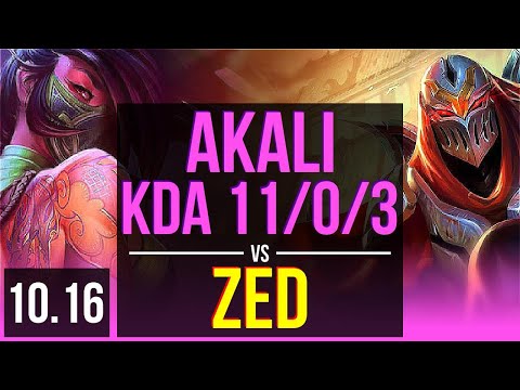 AKALI vs ZED (MID) | KDA 11/0/3, 2 early solo kills, Legendary | EUW Master | v10.16