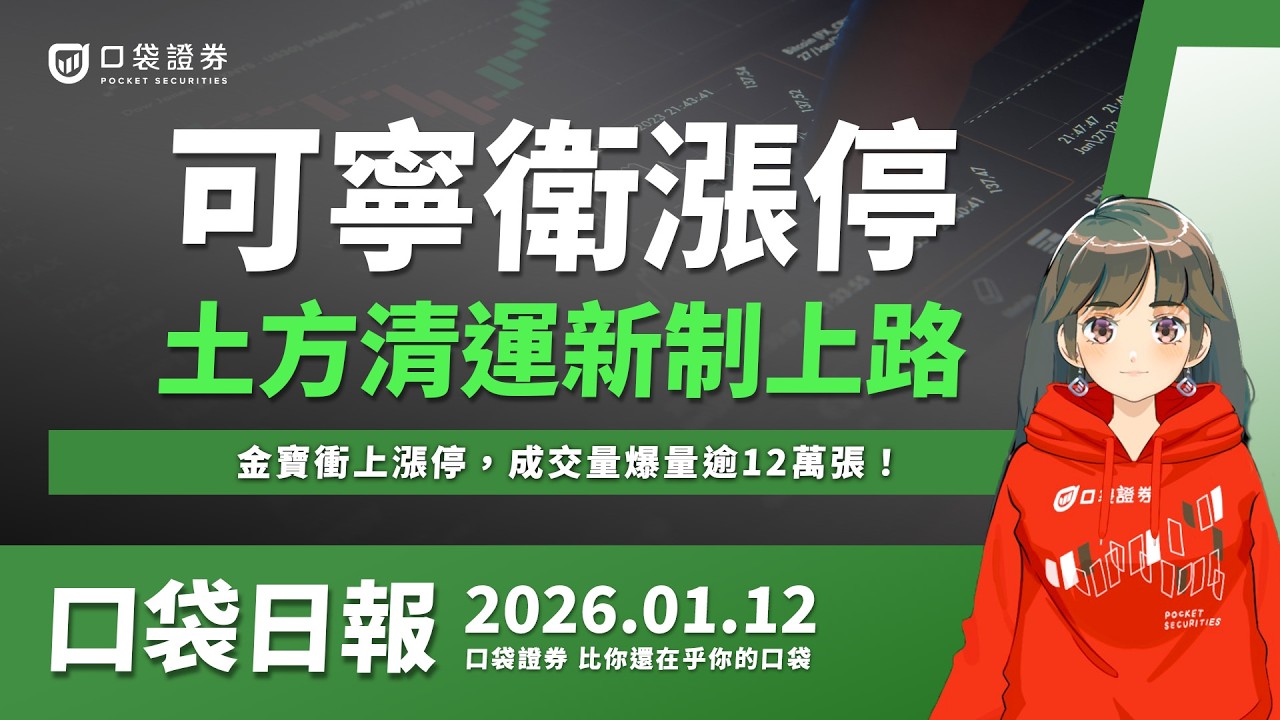 【口袋日報】可寧衛再漲停,土方清運新制上路!金寶衝上漲停,成交量爆量逾12萬張!2026.01.12