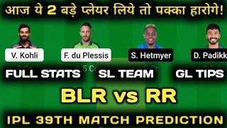 BLR vs RR Dream11 Team | RCB vs RR Dream11 | BLR vs RR Dream11 Prediction | Dream11 today match team