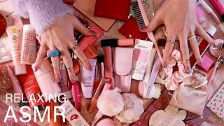 ASMR Pink 🌸💄 Cosmetics Tapping & Scratching (🎧 soft spoken/whisper, rummaging, lid sounds)