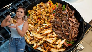 The BEST Restaurant Style SURF & TURF FAJITAS |easy Chicken, Steak and Shrimp Fajitas