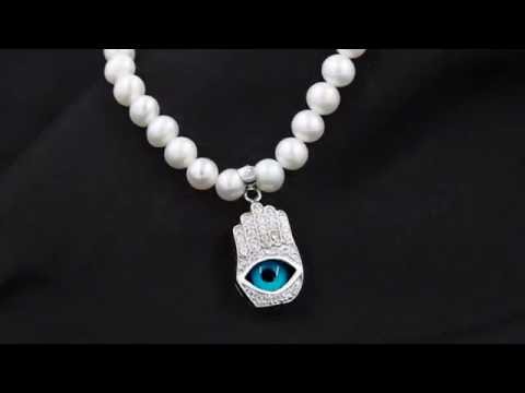 TELEIOS LUXE 925 SILVER CRYSTAL HAND EYE WHITE PEARL STRAND NECKLACE - TL0000002