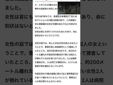 8/5 19時半　大阪府浪速区日本橋西2丁目韓国人女性　刺された！傷害容疑2人のうち1人逝く　もう1人も難しい！