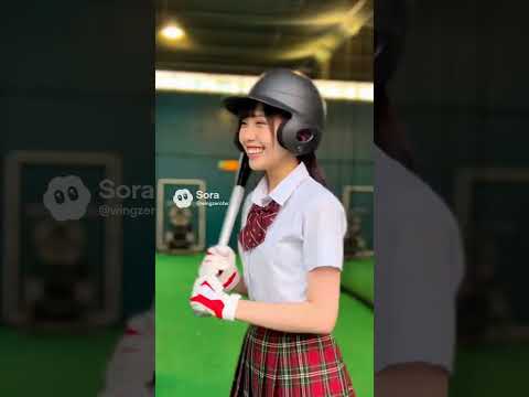 日本の女子高生がバッティングセンターで野球を打ち
