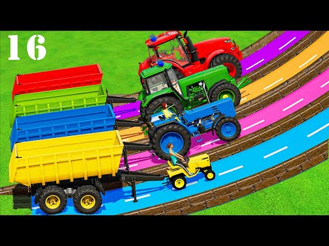 MINI & BIG POLICE TRACTOR & TRAILER vs PORTAL TRAP! POTATO TRANSPORTING - PARKOUR COLORS! ! FS22