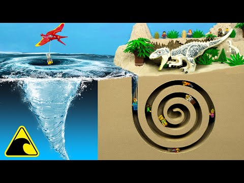 Dinosaur Explorers Trapped in Spiral Cave | Water Vortex Dam Breach Experiment | Lego Flood Disaster
