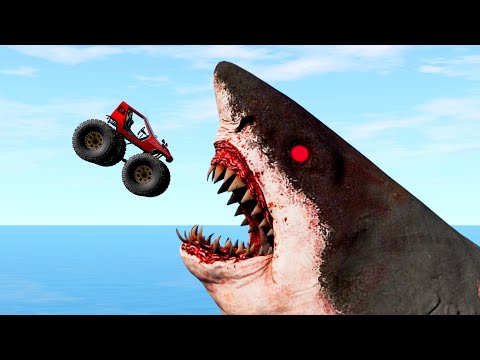 BeamNG Drive Fun Madness - Cars Jump into Scary Sharks - Fun Stunts Jumps Crash Compilation