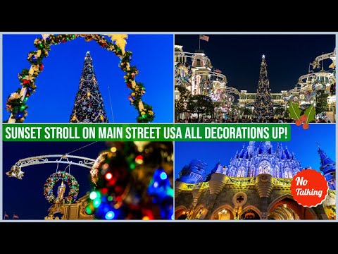 Walt Disney World Main Street USA Sunset / Blue hour Holiday Decorations Magic Kingdom | No talking