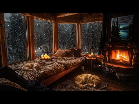 Cozy Winter Cabin Ambience ❄️ Crackling Fireplace, Gentle Snowfall & Sleeping Pets