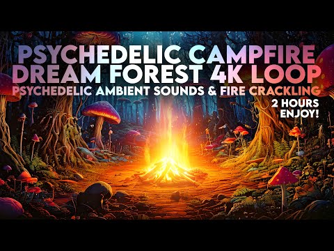 Psychedelic Relaxing Dream Forest Loop 4K | 2 Hours | Psychedelic Ambient Sounds & Fire Crackling